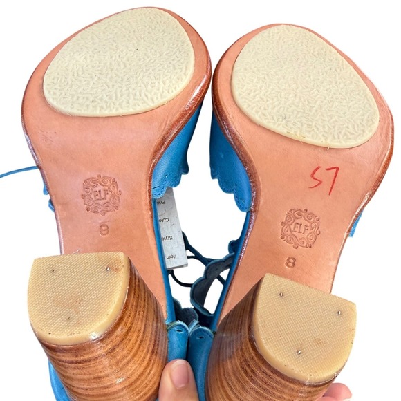 ELF Bali Leather Dancing Queen Scalloped Block Heels Size 8 Teal  Handmade NEW - Picture 6 of 8